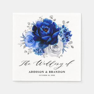 Royal Blue White Silver Metallic Floral Wedding Serviette