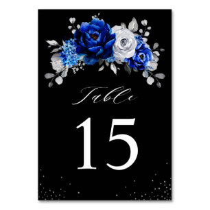 Royal Blue White Silver Metallic Floral Wedding Ta Tischnummer