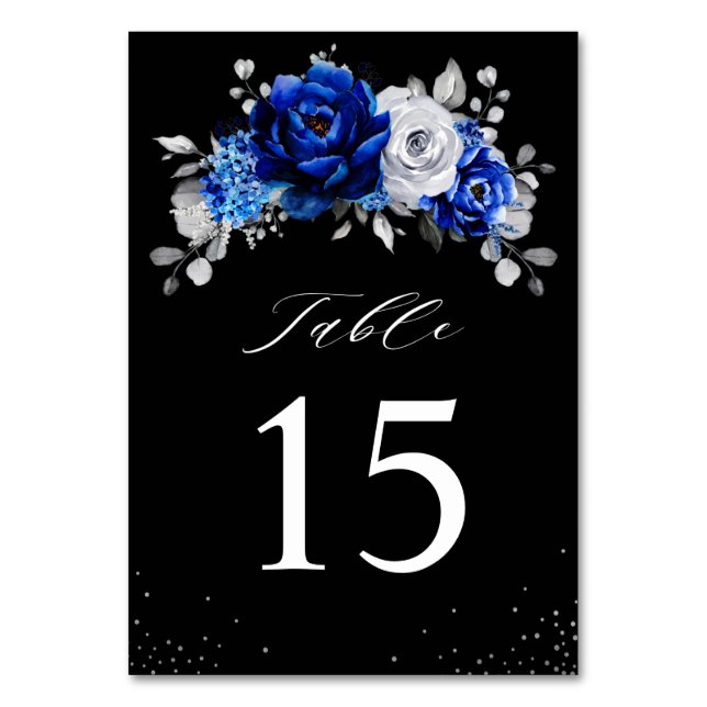 Royal Blue White Silver Metallic Floral Wedding Ta Tischnummer (Vorderseite)