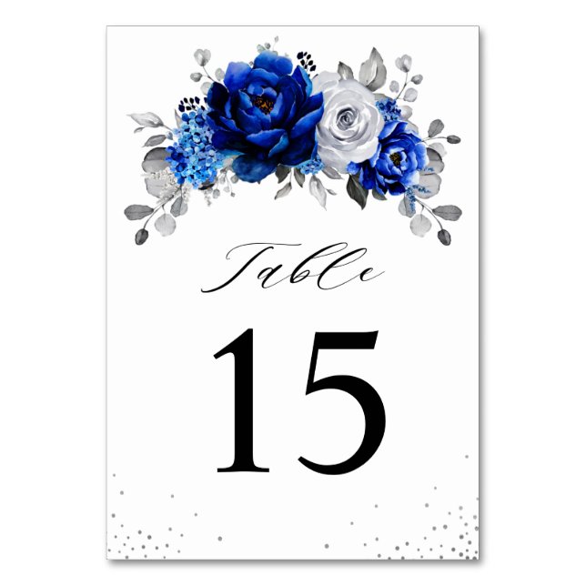 Royal Blue White Silver Metallic Floral Wedding Ta Tischnummer (Vorderseite)