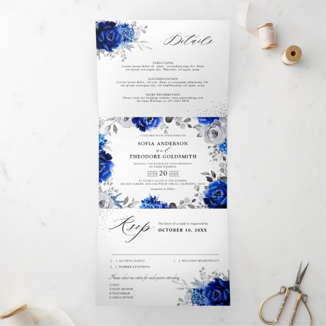 Royal Blue White Silver Metallic Floral Wedding Tr Dreifach Gefaltete Ankündigung (Innenseite)