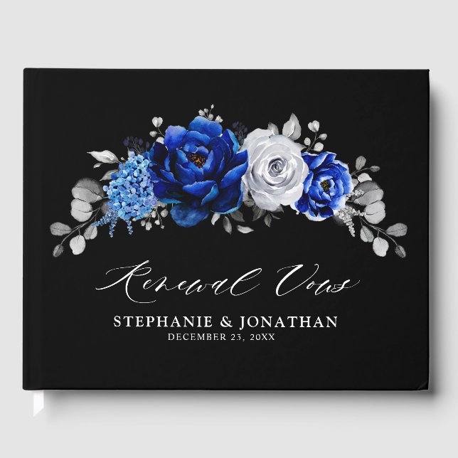 Royal Blue White Silver Metallic Floral wow erneue Gästebuch (Vorderseite)