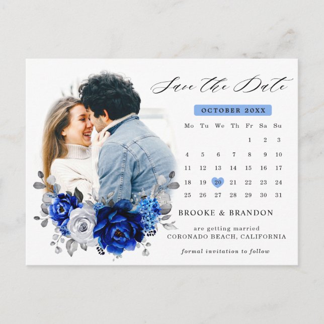 Royal Blue White Silver Metallic Save the Date Postkarte (Vorderseite)