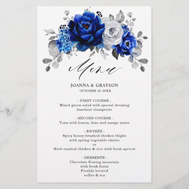 Royal Blue White Silver Metallic Wedding Menu (Vorderseite)