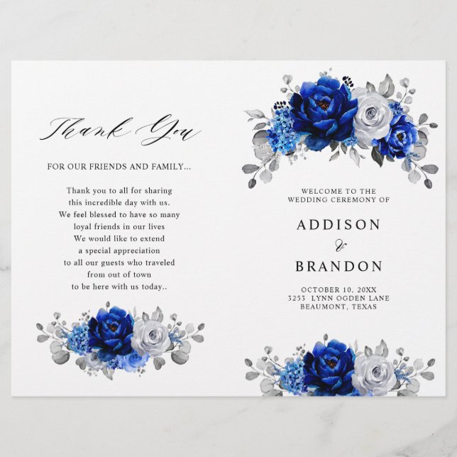 Royal Blue White Silver Metallic Wedding Program (Vorderseite)