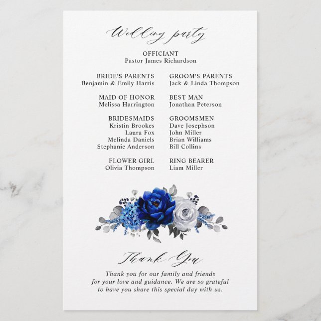 Royal Blue White Silver Metallic Wedding Program (Rückseite)