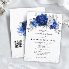 Royal Blue White Silver QR Code Floral Wedding Einladung