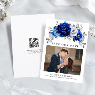 Royal Blue White Silver QR Code Floral Wedding Save The Date