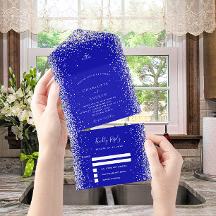 Royal blue white silver rsvp wedding all in one einladung
