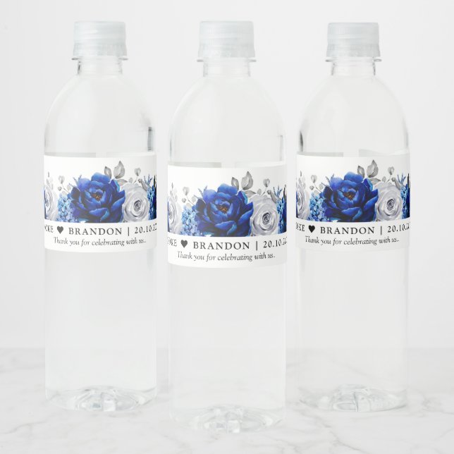 Royal Blue White Silver Wedding Water Flasche Wasserflaschenetikett (Flaschen)