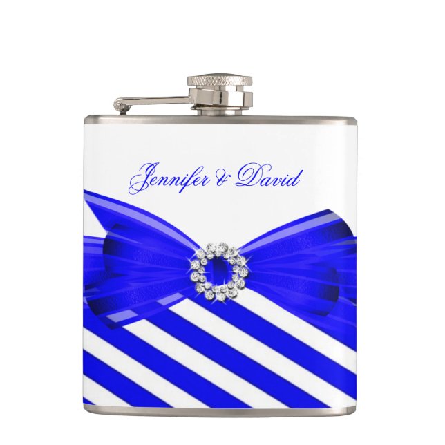 Royal Blue White Stripe Wedding Verlobung Flachmann (Vorderseite)