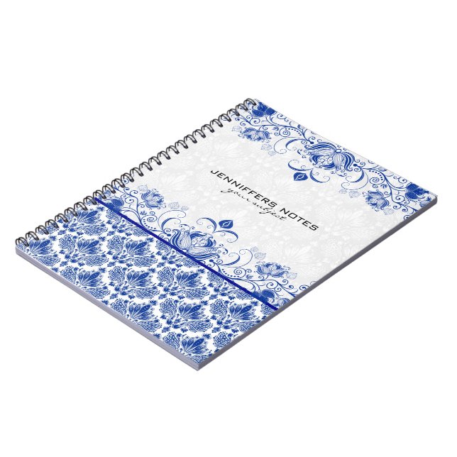 Royal Blue & White Vintag Damasks & Wirbel Notizblock (Linke Seite)