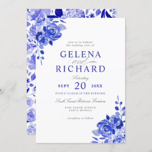 Royal Blue & White Watercolor Blue Floral Wedding Einladung