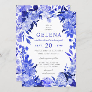 Royal Blue & White Watercolor Floral Bat Mitzvah Einladung