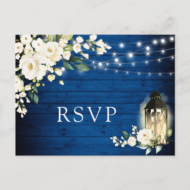 Royal Blue Wood White Roses Rustic Wedding RSVP Postkarte (Vorderseite)