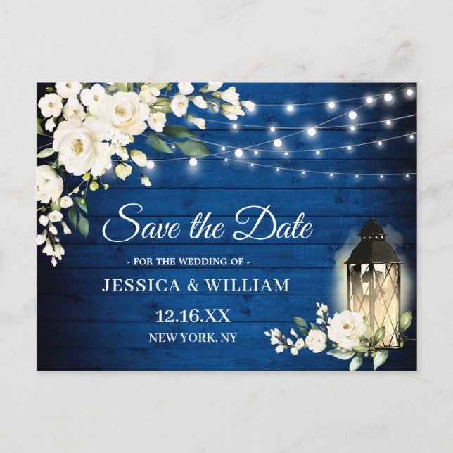 Royal Blue Wood White Roses Wedding Save the Date Postkarte (Vorderseite)