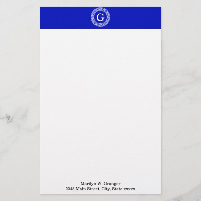Royal Blue Wt Griechisch Key Rnd Frame Initial Mon Briefpapier (Vorderseite)