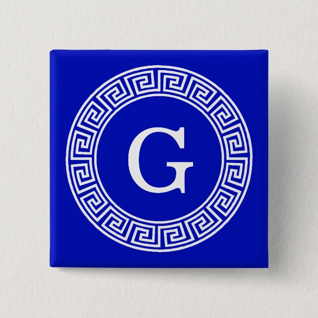 Royal Blue Wt Griechischer Schlüsselrahmen Initial Button (Vorderseite)
