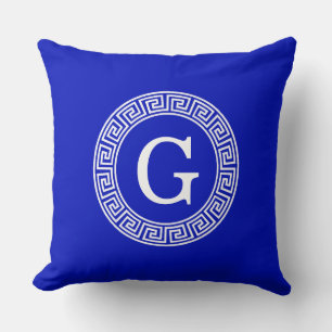 Royal Blue Wt Griechischer Schlüsselrahmen Initial Kissen