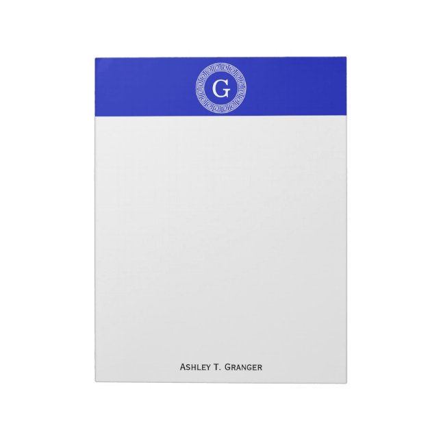 Royal Blue Wt Griechischer Schlüsselrahmen Initial Notizblock (Rotiert)