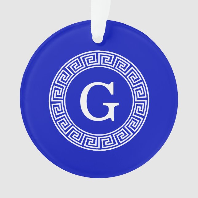 Royal Blue Wt Griechischer Schlüsselrahmen Initial Ornament (Vorderseite)