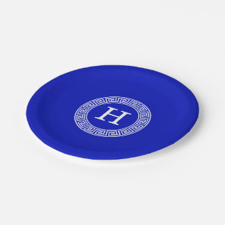 Royal Blue Wt Griechischer Schlüsselrahmen Initial Pappteller