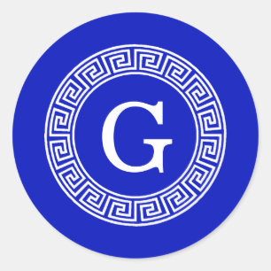 Royal Blue Wt Griechischer Schlüsselrahmen Initial Runder Aufkleber