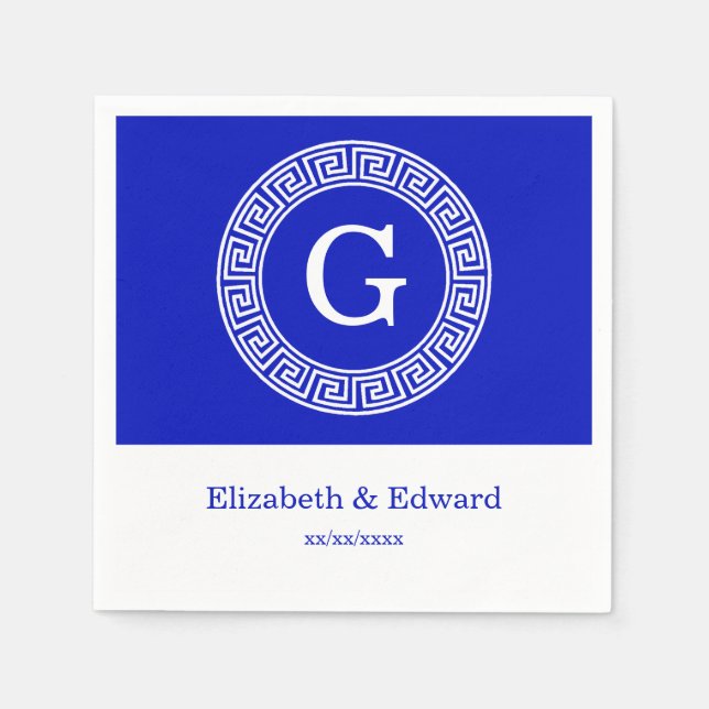 Royal Blue Wt Griechischer Schlüsselrahmen Initial Serviette (Vorderseite)