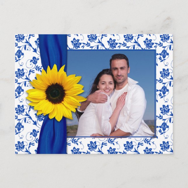 Royal Blue Yellow Damask Sonnenblume Save the Date Ankündigungspostkarte (Vorderseite)