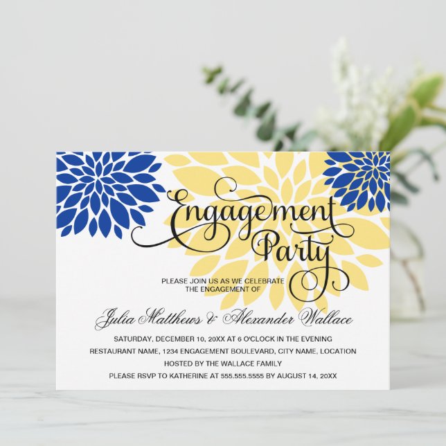 Royal Blue Yellow Floral Burst Engagement Party Einladung (Stehend Vorderseite)