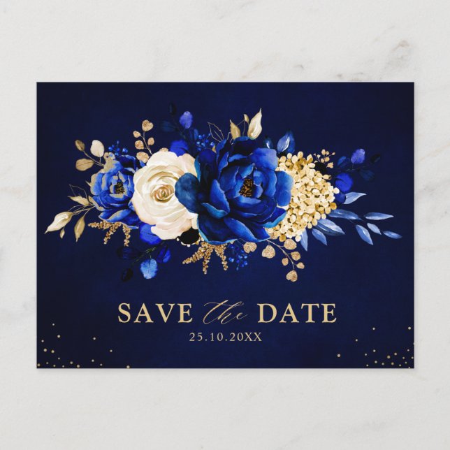 Royal Blue Yellow Gold Floral Save the Date Postca Postkarte (Vorderseite)