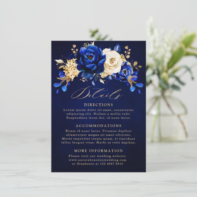 Royal Blue Yellow Gold Floral Wedding Details Encl Begleitkarte (Stehend Vorderseite)