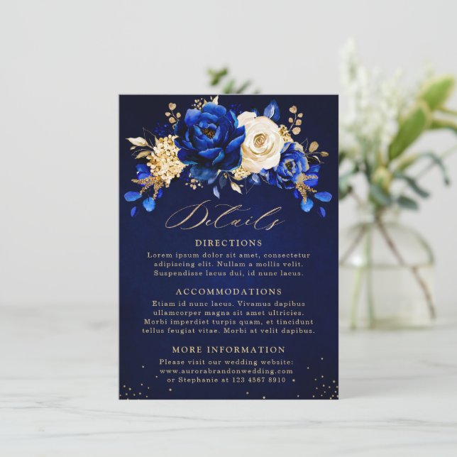 Royal Blue Yellow Gold Floral Wedding Details Encl Begleitkarte (Stehend Vorderseite)