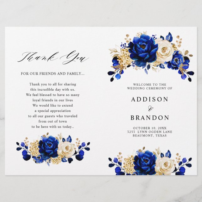 Royal Blue Yellow Gold Floral Wedding Program (Vorderseite)