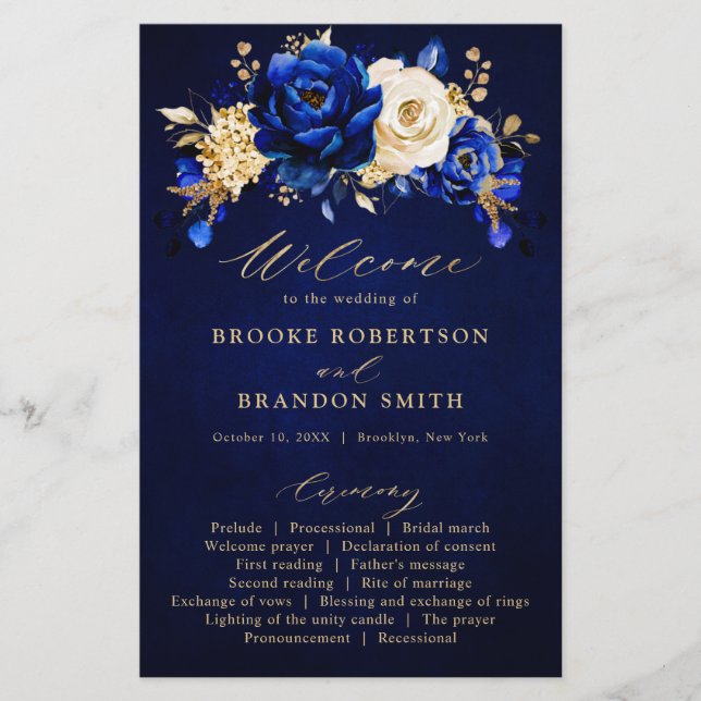 Royal Blue Yellow Gold Floral Wedding Program (Vorderseite)