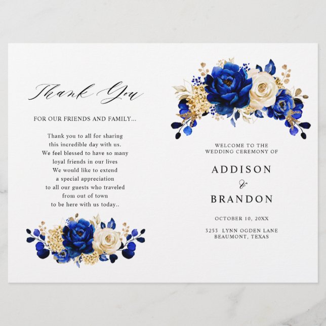 Royal Blue Yellow Gold Floral Wedding Program (Vorderseite)