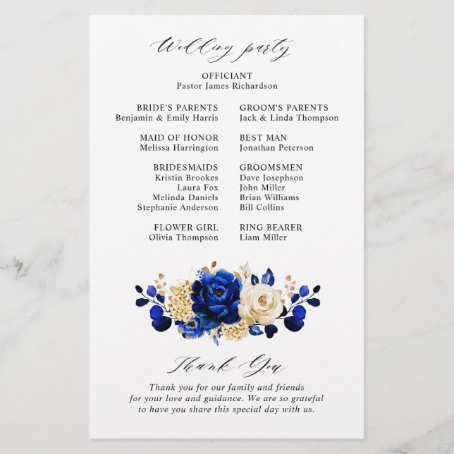 Royal Blue Yellow Gold Floral Wedding Program (Rückseite)
