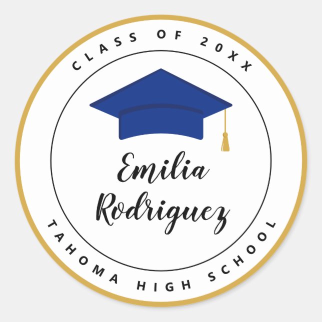 Royal Blue Yellow Gold Graduation Cap Siegel Runder Aufkleber (Vorderseite)