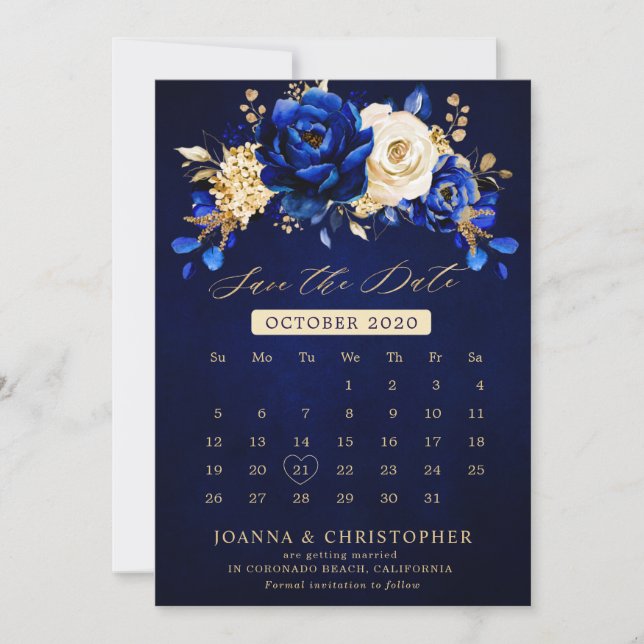 Royal Blue Yellow Gold Metallic Floral calendar Sa Save The Date (Vorderseite)
