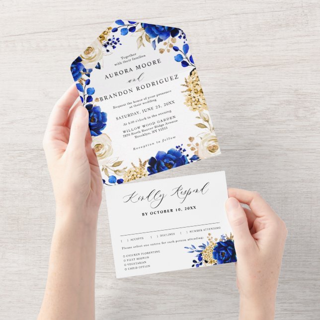 Royal Blue Yellow Gold Metallic Floral Wedding All In One Einladung (Abreißen)