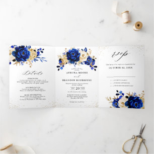 Royal Blue Yellow Gold Metallic Floral Wedding Dreifach Gefaltete Ankündigung