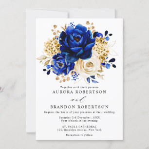 Royal Blue Yellow Gold Metallic Floral Wedding Einladung