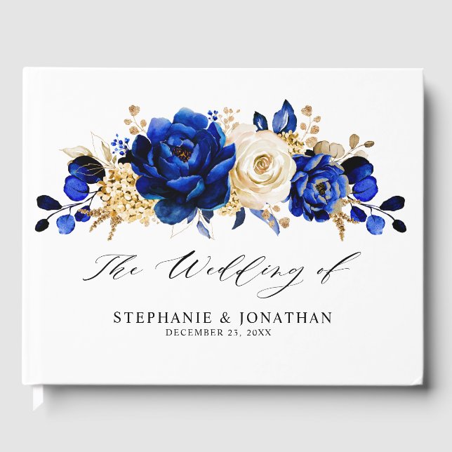 Royal Blue Yellow Gold Metallic Floral Wedding Gästebuch (Vorderseite)