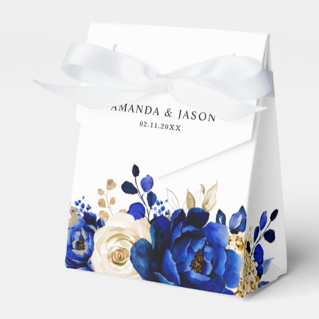 Royal Blue Yellow Gold Metallic Floral Wedding Geschenkschachtel (Vorderseite)