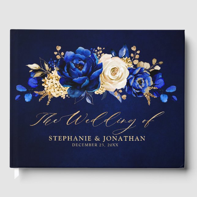 Royal Blue Yellow Gold Metallic Floral Wedding Gue Gästebuch (Vorderseite)