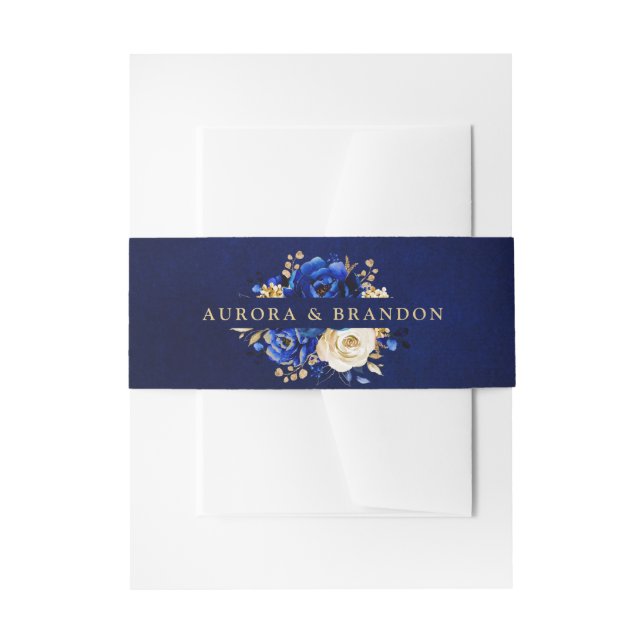 Royal Blue Yellow Gold Metallic Floral Wedding Inv Einladungsbanderole (Vorderseite Beispiel)