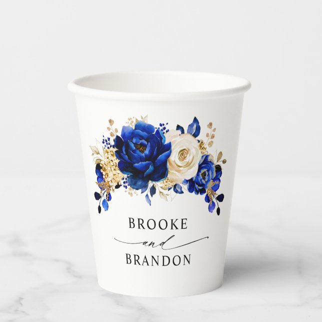 Royal Blue Yellow Gold Metallic Floral Wedding Pappbecher (Vorderseite)