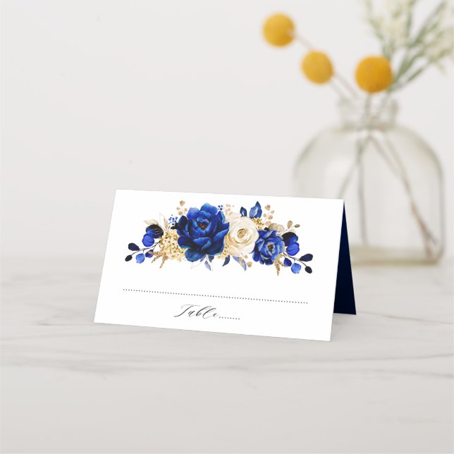 Royal Blue Yellow Gold Metallic Floral Wedding Platzkarte (Vorderseite)