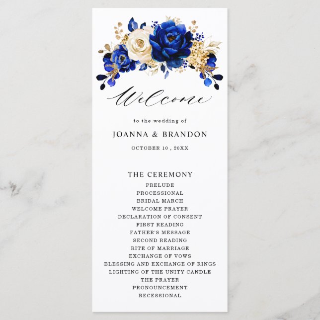 Royal Blue Yellow Gold Metallic Floral Wedding Programm (Vorderseite)