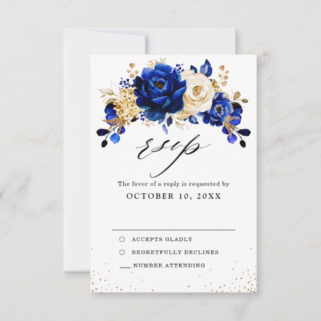Royal Blue Yellow Gold Metallic Floral Wedding RSVP Karte (Vorderseite)